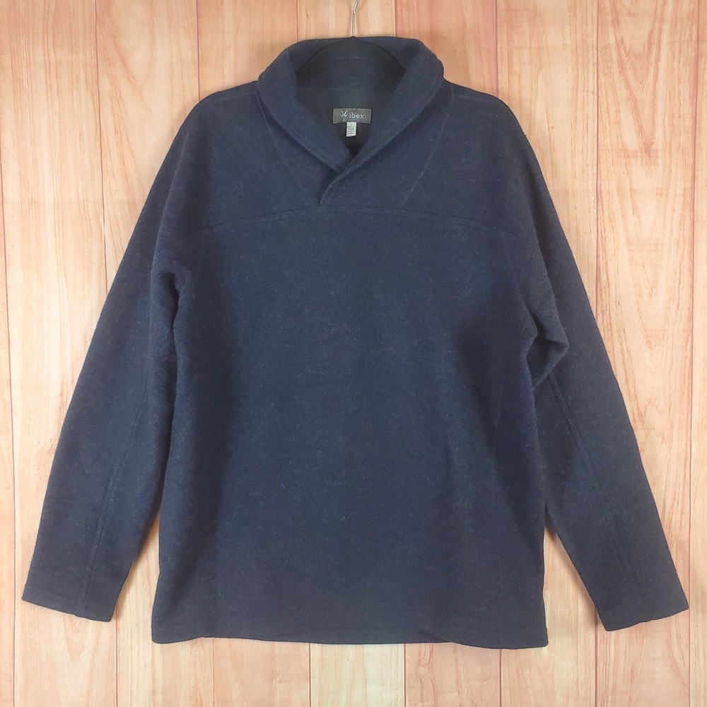 Ibex Mens Sweater Sz Large Navy Blue Wool Long Sleeve Shawl Collar Pullover
